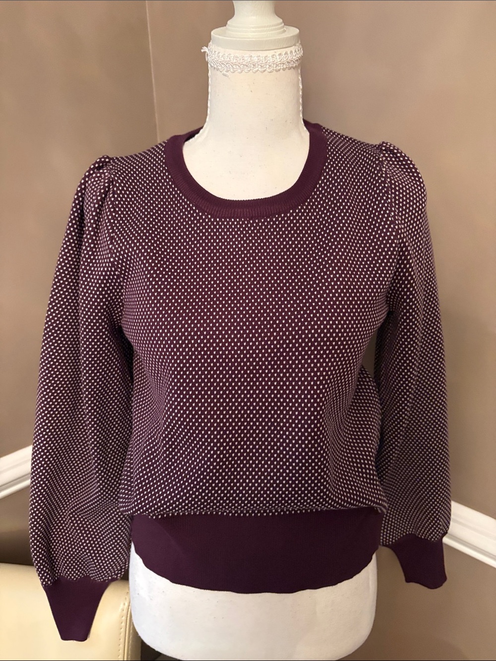 Adrianna Papell Burgundy and White Dot Long Sleeve Crewneck